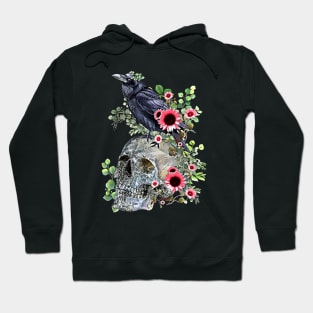 Black raven with skull and leaves crow, skeleton leaves eucaliptus and pink sunflowers Hoodie